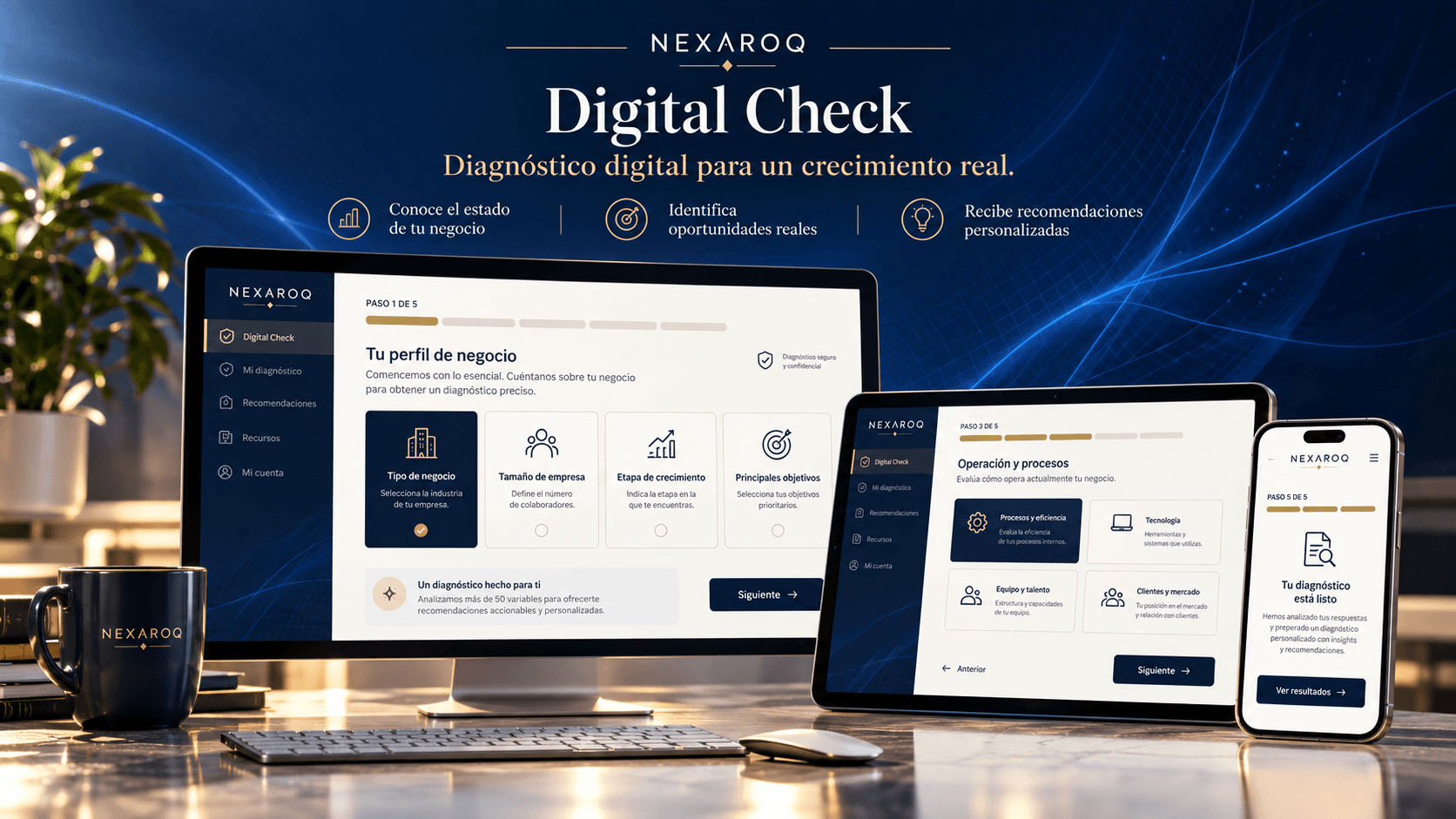 Visual conceptual del Digital Check de NEXAROQ en varios dispositivos
