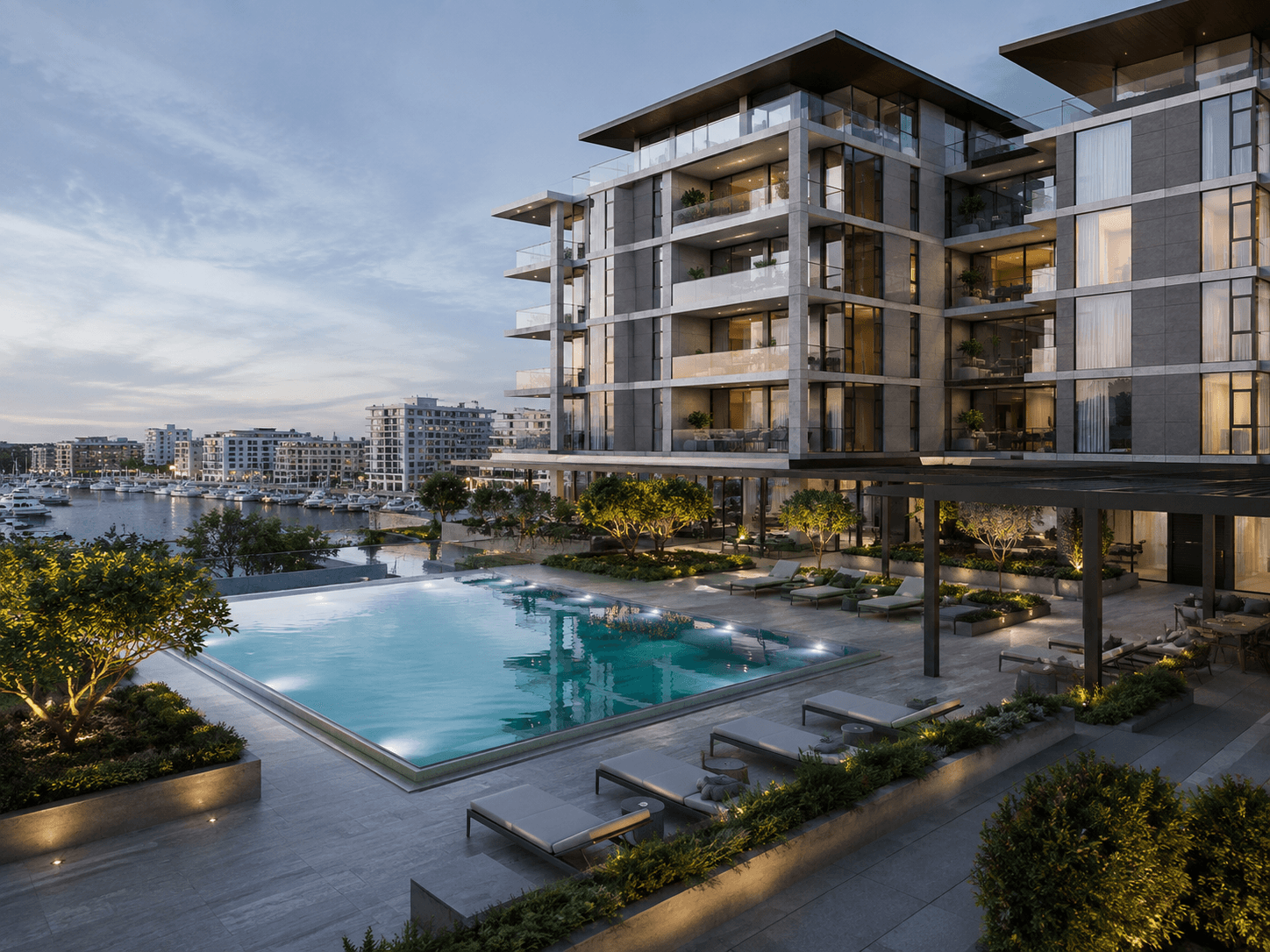 Referencia visual de un desarrollo residencial con amenidades y marina